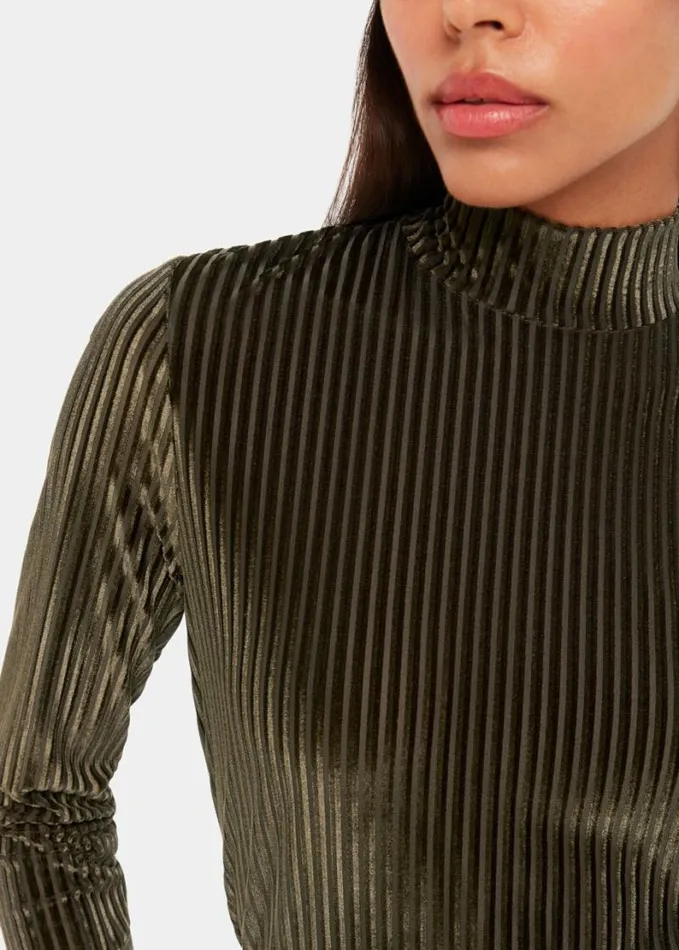 Whistles Velvet Stripe High Neck Top Khaki Women Tops