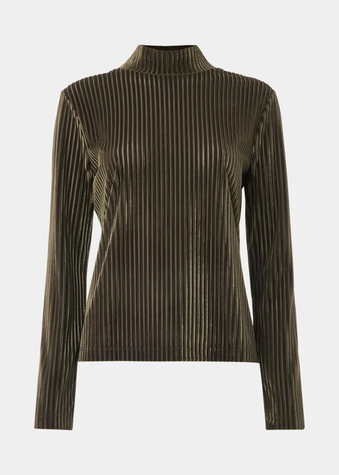 Whistles Velvet Stripe High Neck Top Khaki Women Tops