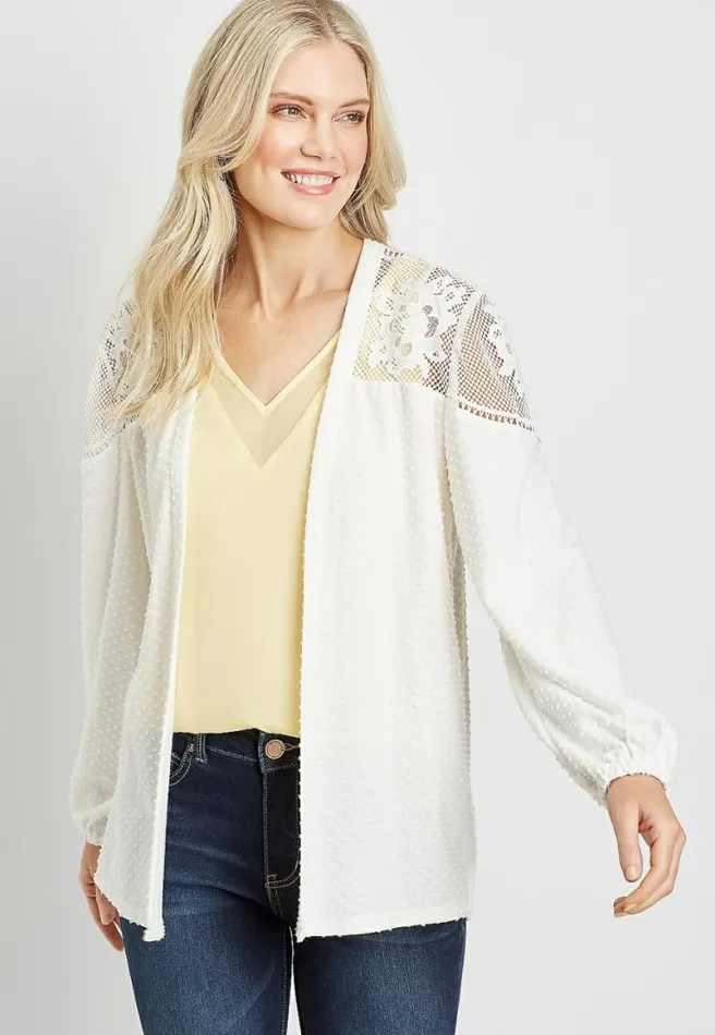 White Lace Yoke Swiss Dot Open Front Cardigan Women Maurices Tops