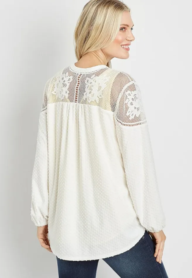 White Lace Yoke Swiss Dot Open Front Cardigan Women Maurices Tops