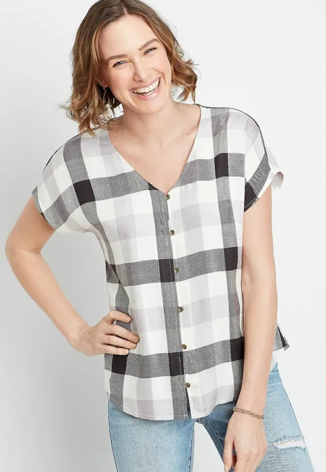 White Plaid Short Sleeve Button Down Shirt Women Maurices Tops