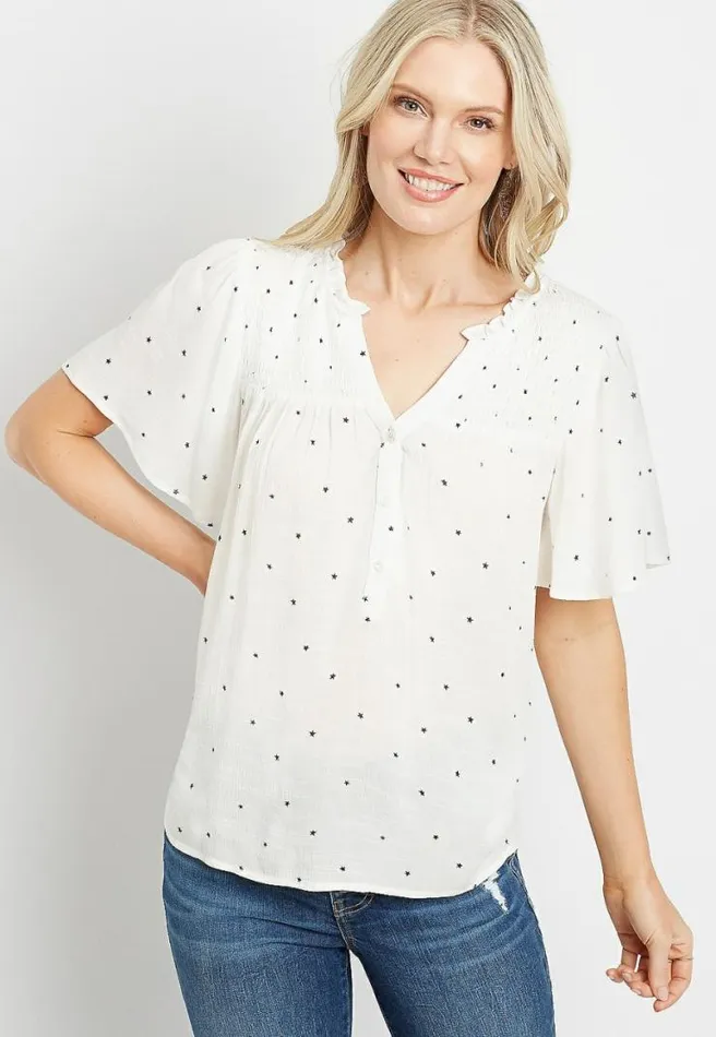 White Star Flutter Sleeve Button Front Top Women Maurices Tops