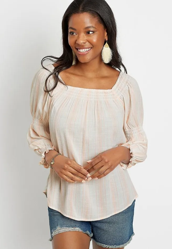 White Stripe Smocked Neck Top Women Maurices Tops