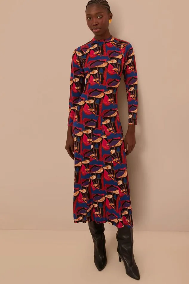 Wild Mushrooms Black Jersey Midi Dress Women FARM Rio Midi Dresses