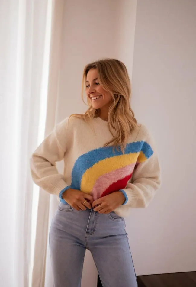 Women039s Clothing Sweaters Easy Clothes Ecru Rainbow Sweater