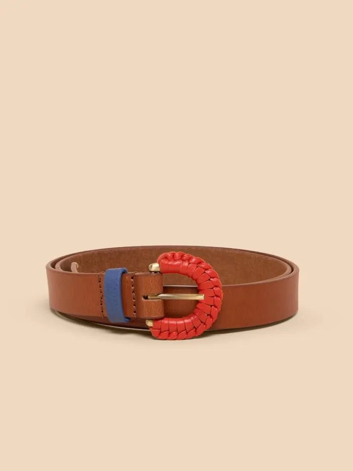 Women BELTS White Stuff Woven Leather Buckle Belt Mid Tan