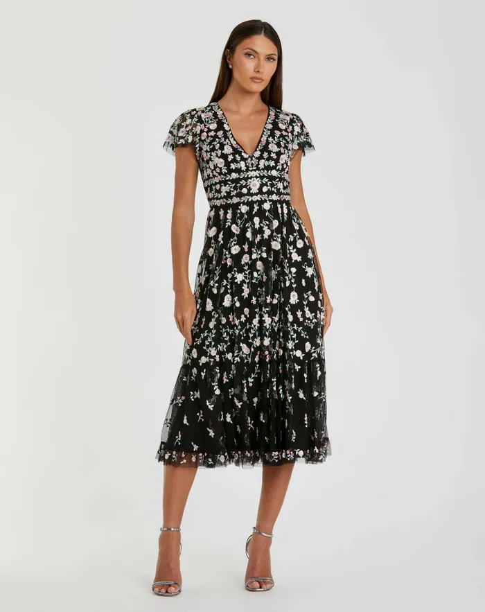 Women Black Multicolor Embroidered V Neck Cap Sleeve Midi Dress Black Multi Cocktail Dresses Mac Duggal