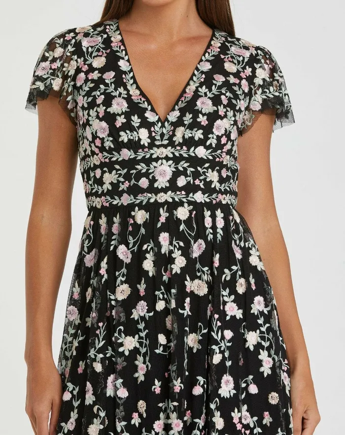 Women Black Multicolor Embroidered V Neck Cap Sleeve Midi Dress Black Multi Cocktail Dresses Mac Duggal