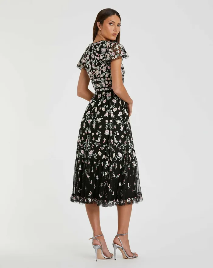 Women Black Multicolor Embroidered V Neck Cap Sleeve Midi Dress Black Multi Cocktail Dresses Mac Duggal
