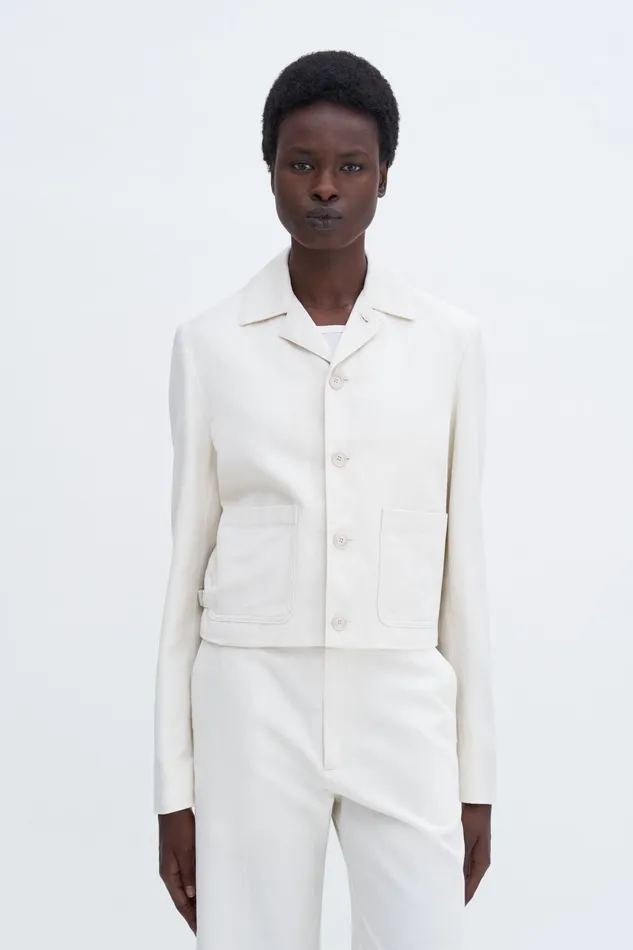 Women Blazers filippak Patch Pocket Cotton Linen Jacket Bone WhiteWhite Pinstripe