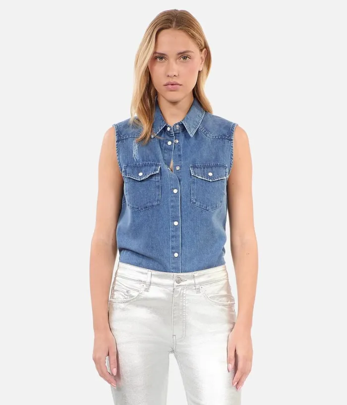 Women Blouses and Shirts THE KOOPLES Sleeveless Blue Denim Shirt
