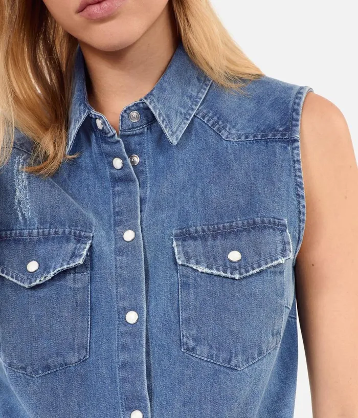 Women Blouses and Shirts THE KOOPLES Sleeveless Blue Denim Shirt