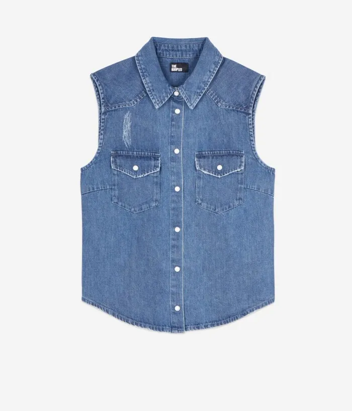 Women Blouses and Shirts THE KOOPLES Sleeveless Blue Denim Shirt