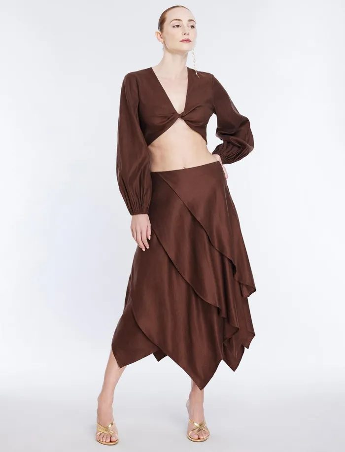 Women Bottoms BCBG Tiered Asymmetrical Skirt Chocolate