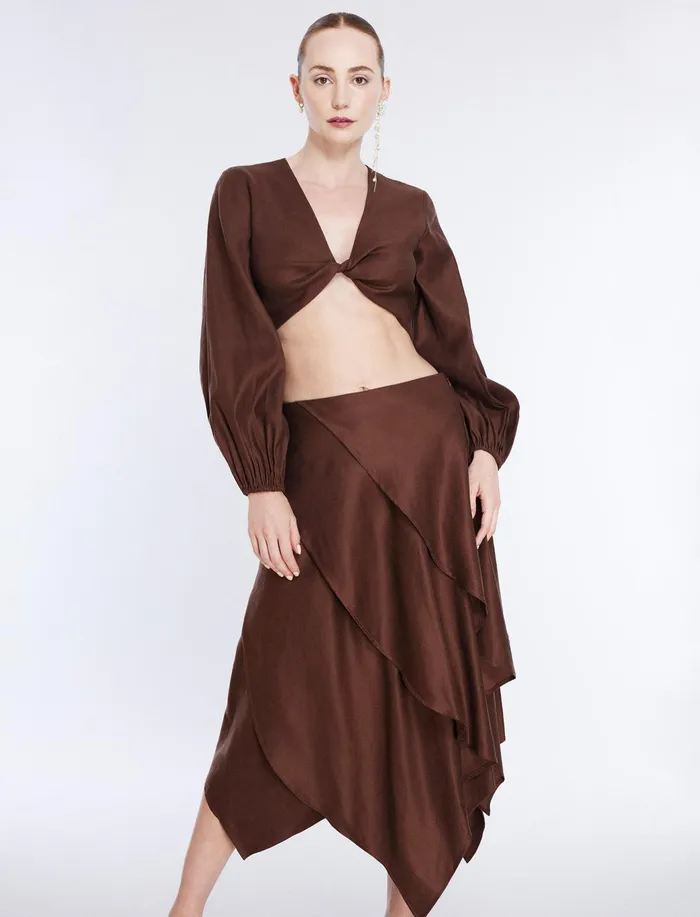Women Bottoms BCBG Tiered Asymmetrical Skirt Chocolate