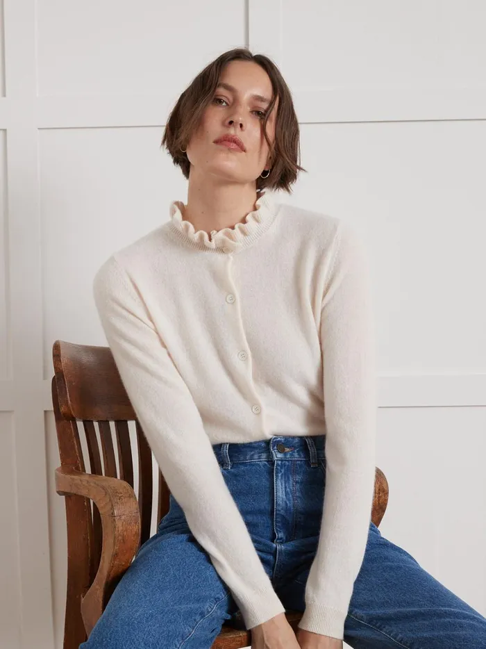 Women Clothing Cyrillus Cardigan With Frilly Neckline 8211 The Cashmere Collection Craie