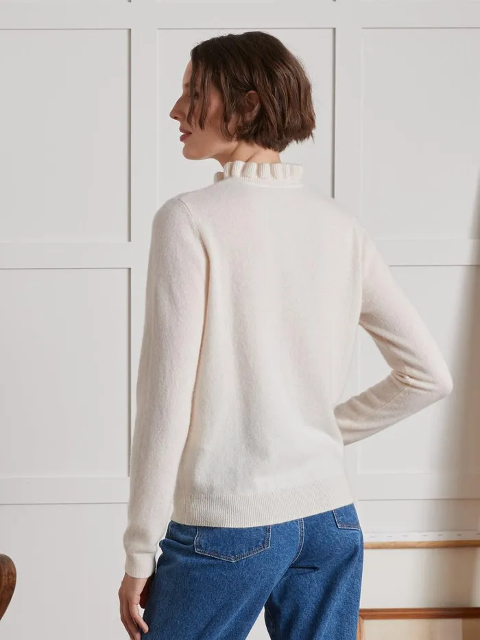 Women Clothing Cyrillus Cardigan With Frilly Neckline 8211 The Cashmere Collection Craie