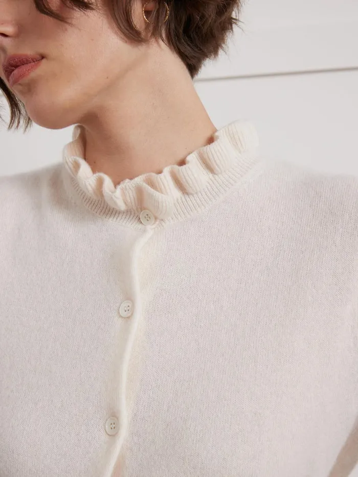 Women Clothing Cyrillus Cardigan With Frilly Neckline 8211 The Cashmere Collection Craie