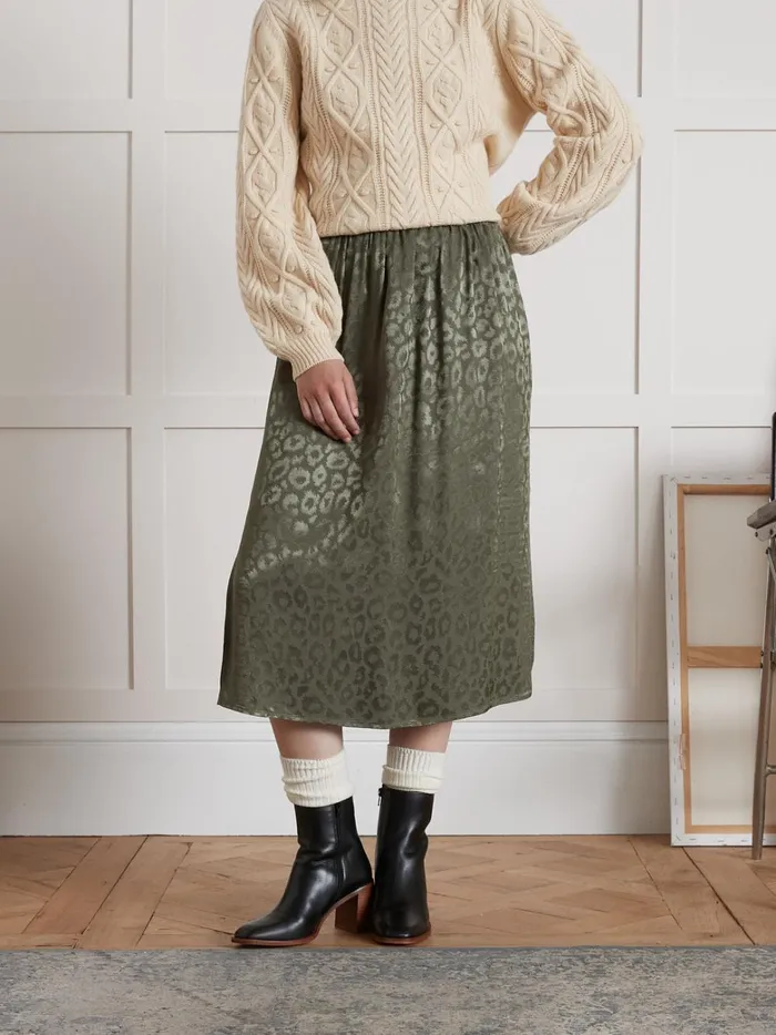 Women Clothing Cyrillus Leopard Jacquard MidLength Skirt Kaki