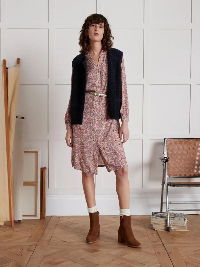 Women Clothing Cyrillus MidLength Shirt Dress With Babingdon Floral Motif 8211 Made With Liberty Fabric Lib Babington Rose