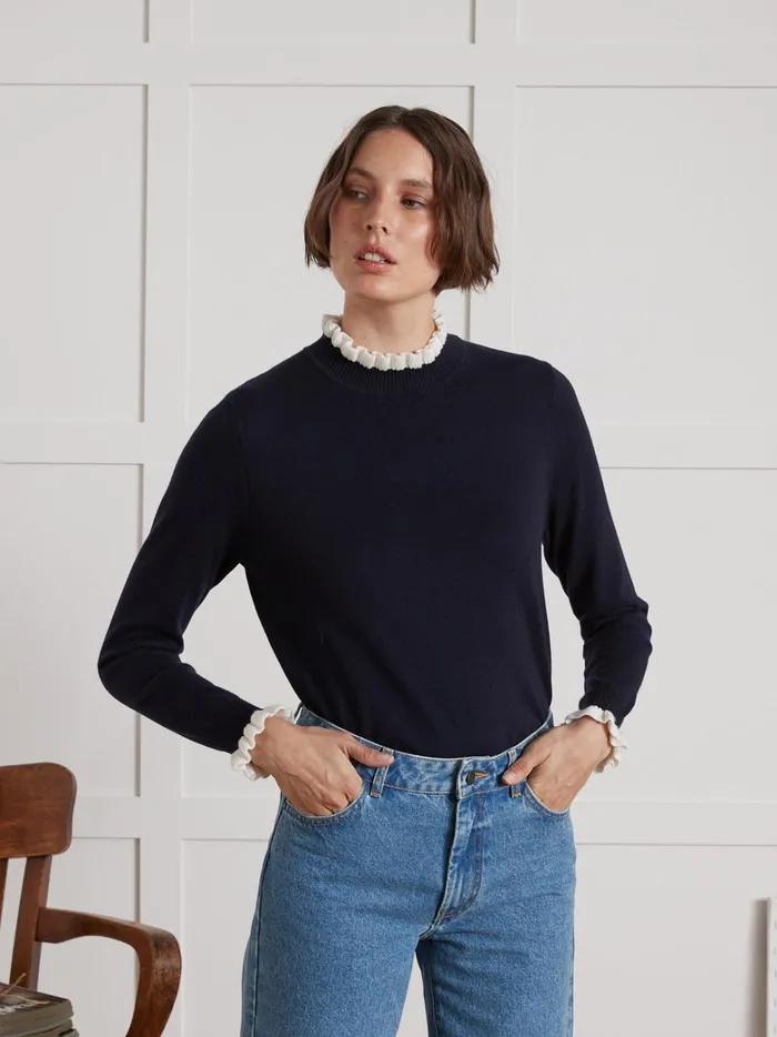 Women Clothing Cyrillus Rws Merino Wool Sweater With Ruffled Neckline Marine