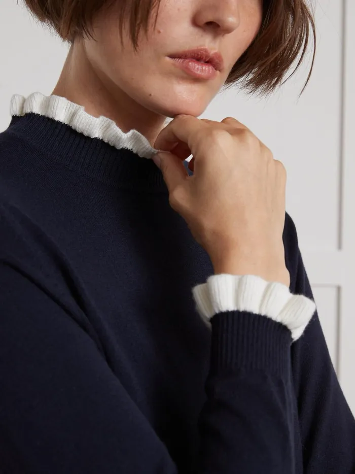 Women Clothing Cyrillus Rws Merino Wool Sweater With Ruffled Neckline Marine