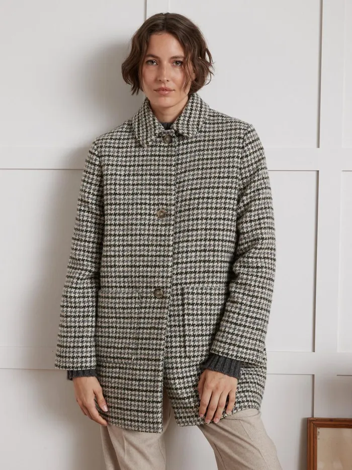 Women Clothing Cyrillus Short Large Houndstooth Woolen Coat Pied De Coq Bleuvert