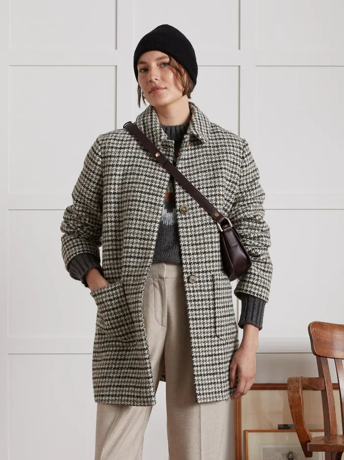 Women Clothing Cyrillus Short Large Houndstooth Woolen Coat Pied De Coq Bleuvert