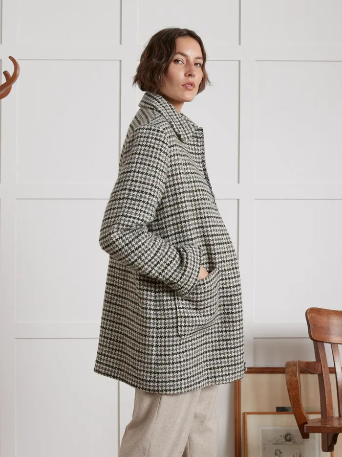 Women Clothing Cyrillus Short Large Houndstooth Woolen Coat Pied De Coq Bleuvert
