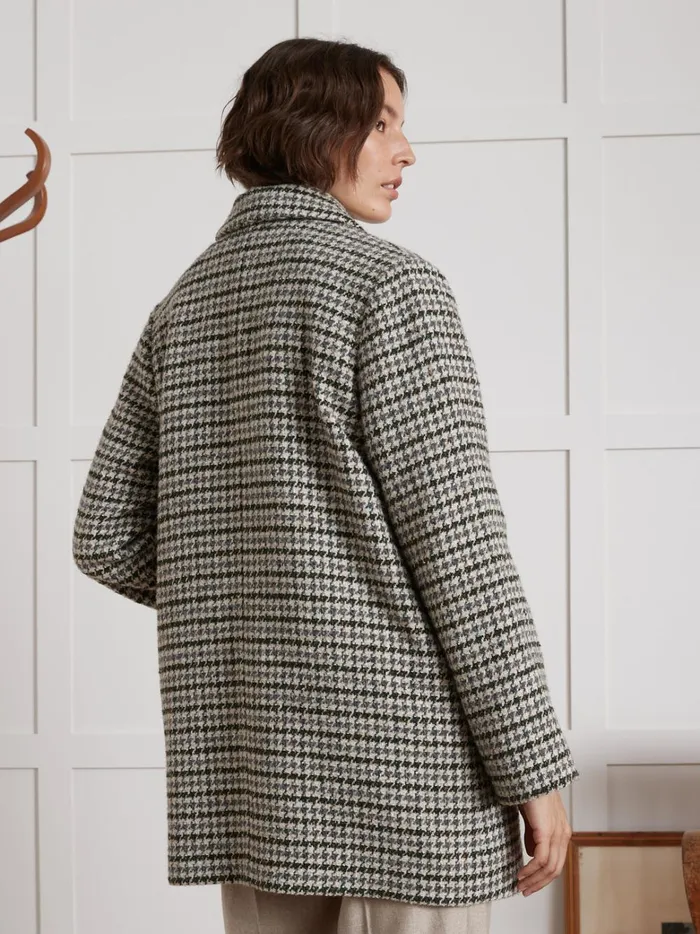 Women Clothing Cyrillus Short Large Houndstooth Woolen Coat Pied De Coq Bleuvert