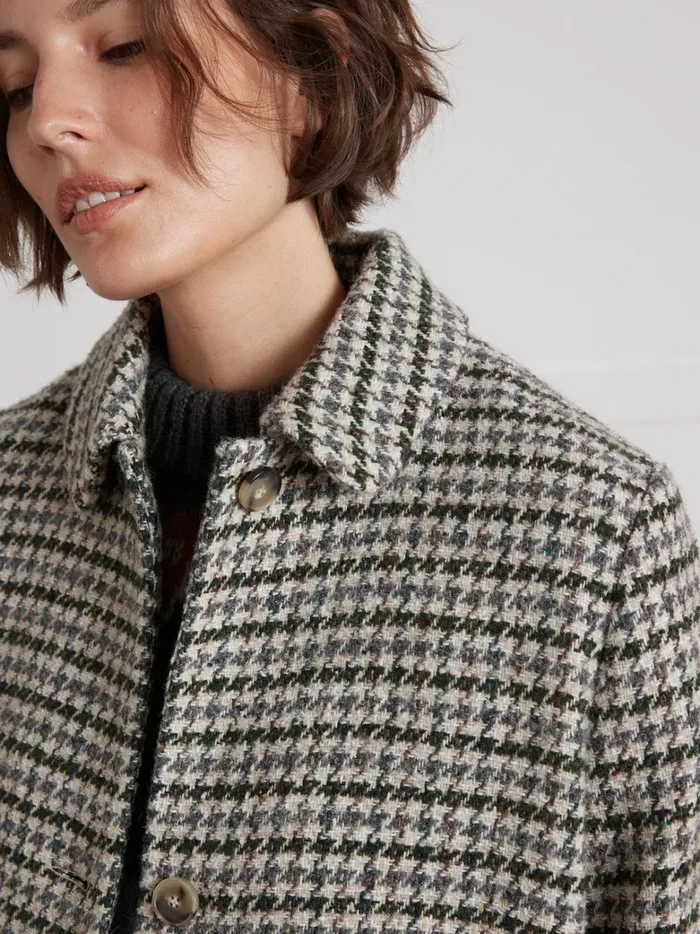 Women Clothing Cyrillus Short Large Houndstooth Woolen Coat Pied De Coq Bleuvert