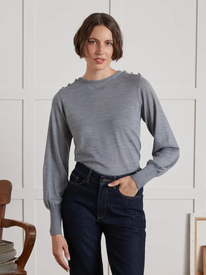 Women Clothing Cyrillus Sweater With Round Neckline And Buttons Gris Chine