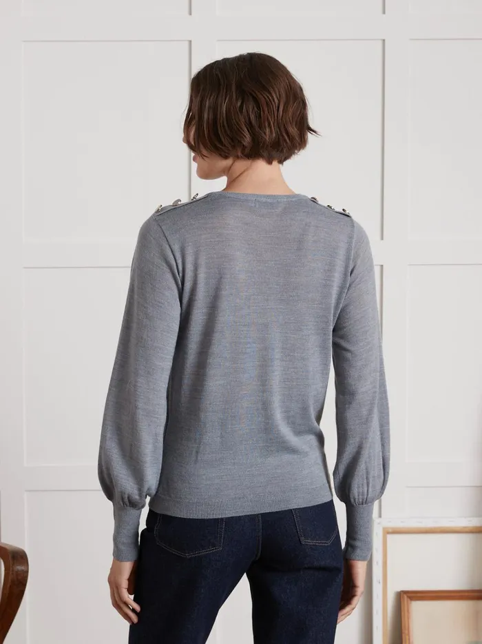 Women Clothing Cyrillus Sweater With Round Neckline And Buttons Gris Chine