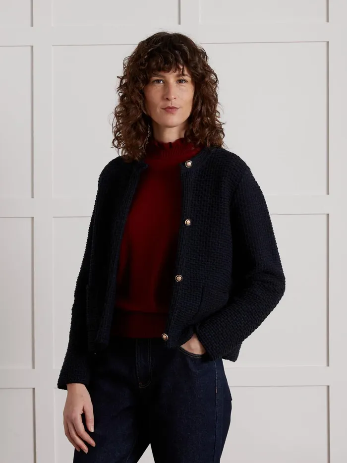 Women Clothing Cyrillus Tweed Effect Cardigan Jacket Navy Noir