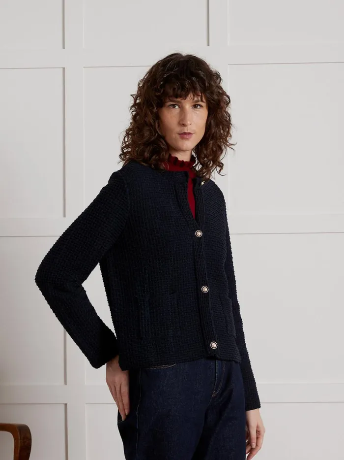 Women Clothing Cyrillus Tweed Effect Cardigan Jacket Navy Noir