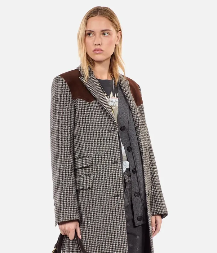 Women Coats and Jackets THE KOOPLES Long Black And White Houndstooth Coat