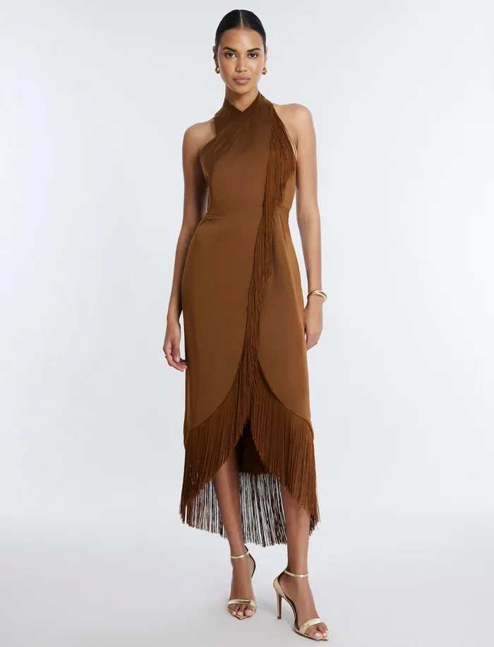 Women Cocktail and Party Dresses BCBG Arla Halter Fringe Dress Monks Robe