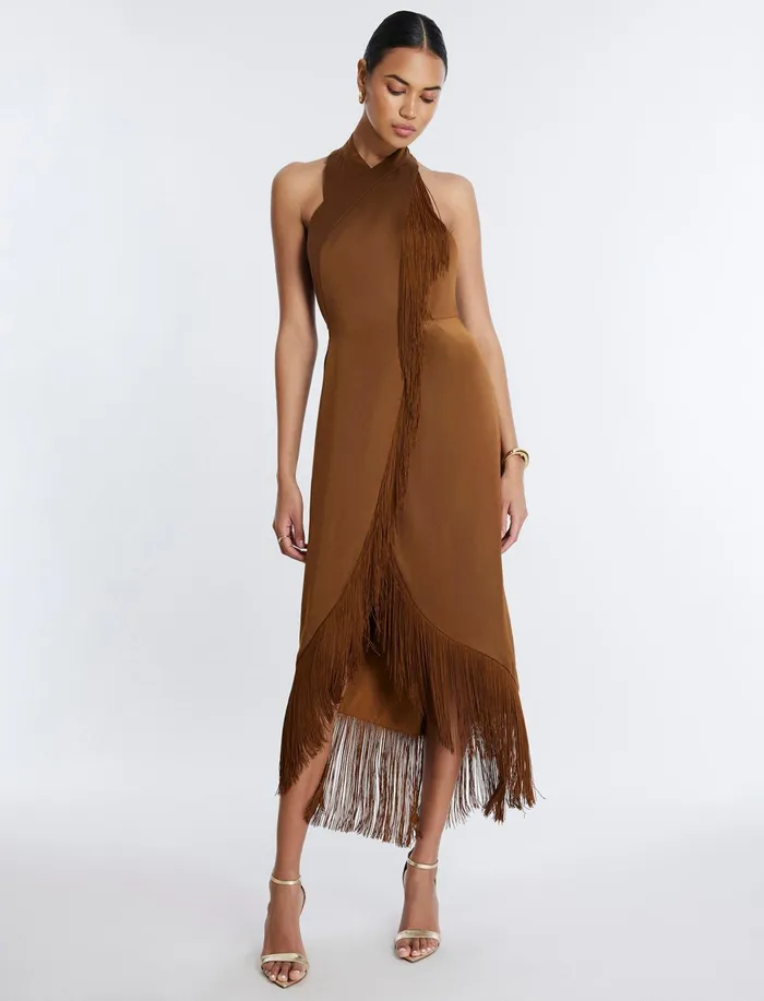 Women Cocktail and Party Dresses BCBG Arla Halter Fringe Dress Monks Robe