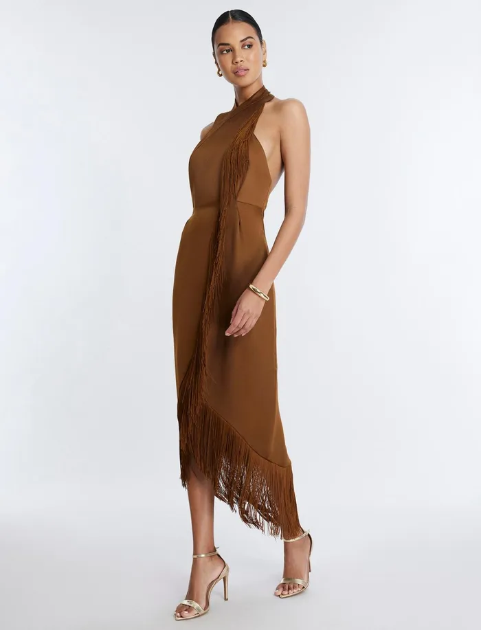 Women Cocktail and Party Dresses BCBG Arla Halter Fringe Dress Monks Robe