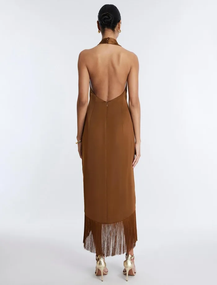 Women Cocktail and Party Dresses BCBG Arla Halter Fringe Dress Monks Robe