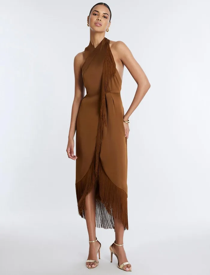 Women Cocktail and Party Dresses BCBG Arla Halter Fringe Dress Monks Robe