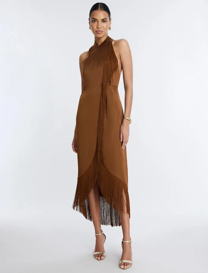 Women Cocktail and Party Dresses BCBG Arla Halter Fringe Dress Monks Robe