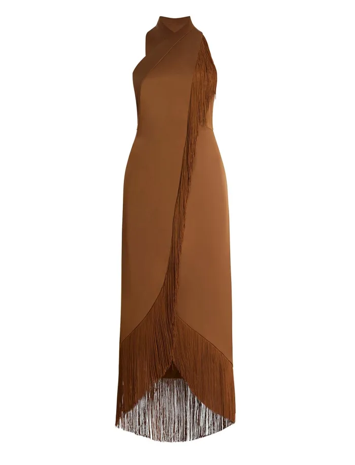 Women Cocktail and Party Dresses BCBG Arla Halter Fringe Dress Monks Robe