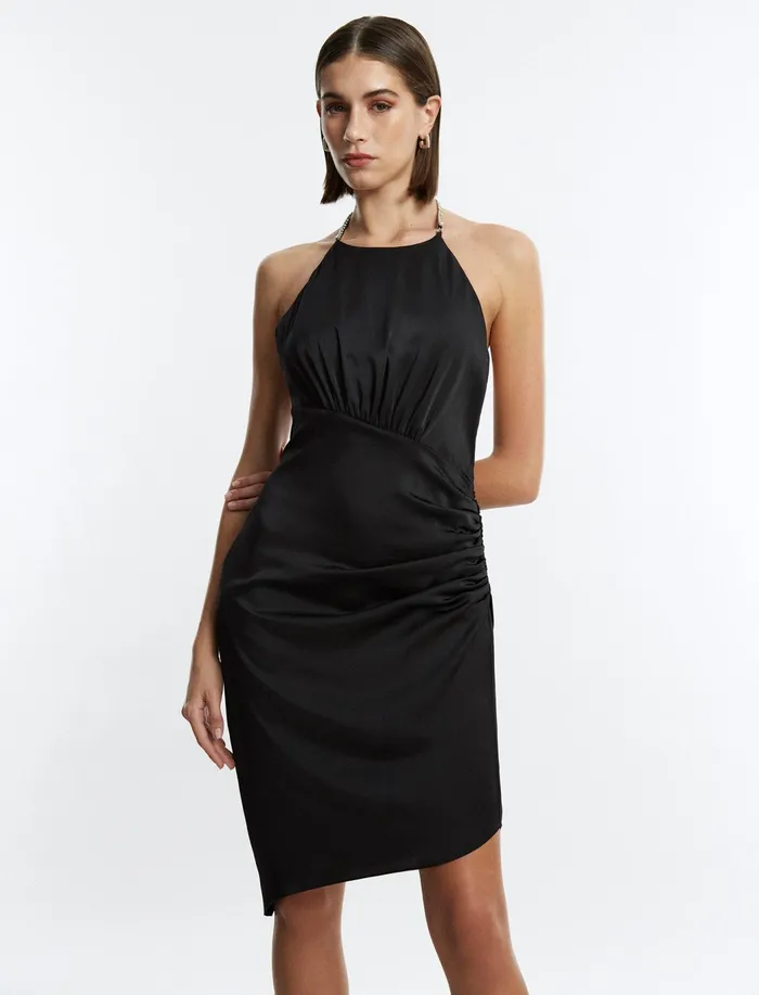 Women Cocktail and Party Dresses BCBG Black Anwen Ruched Mini Dress Black