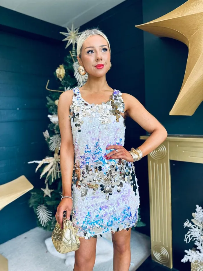 Women Day Dress Canella Lane Abi Large Sequin Detail Mini Dress White