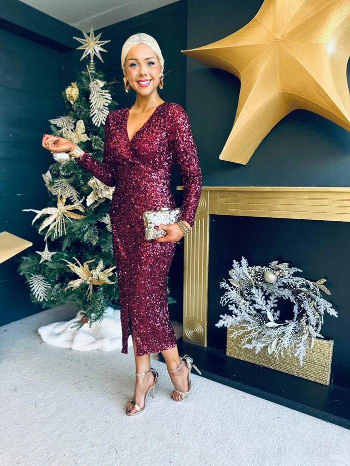 Women Day Dress Canella Lane Celia Sequin Midi Dress Wine