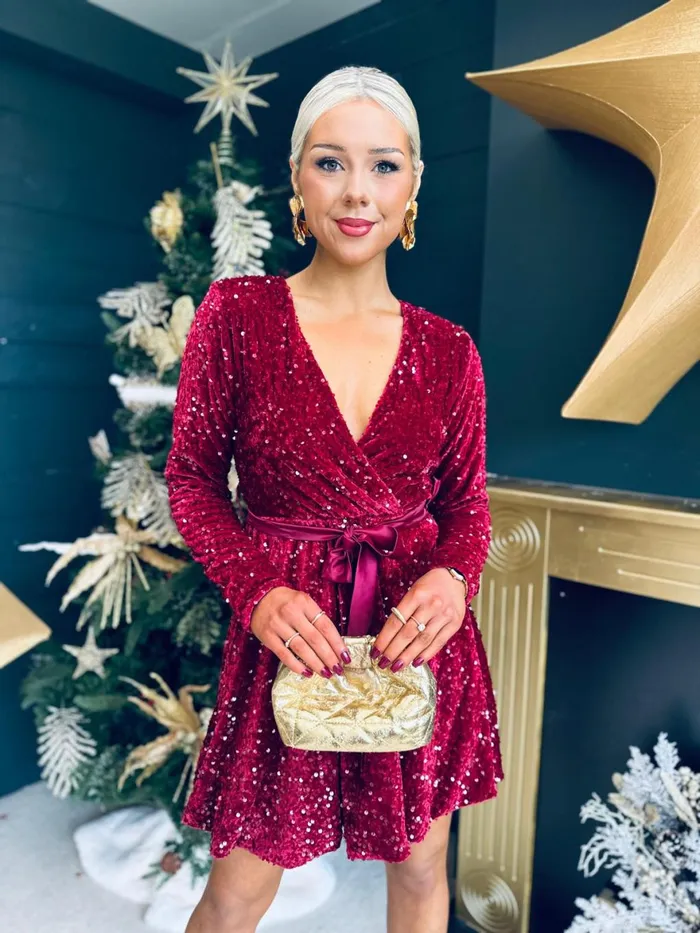 Women Day Dress Canella Lane Jane Velvet Sequin Mini Dress Burgundy