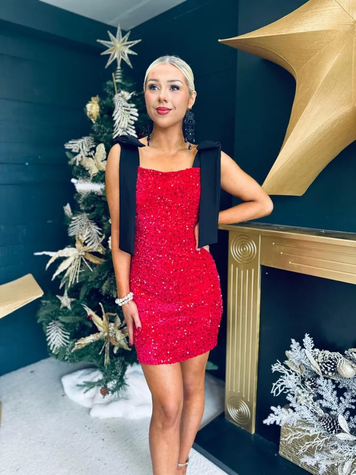 Women Day Dress Canella Lane Jude Bow Detail Sequin Mini Dress Red