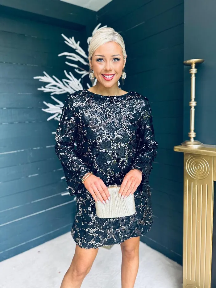 Women Day Dress Canella Lane Mila Bow Detail Sequin Mini Dress Black and Gold