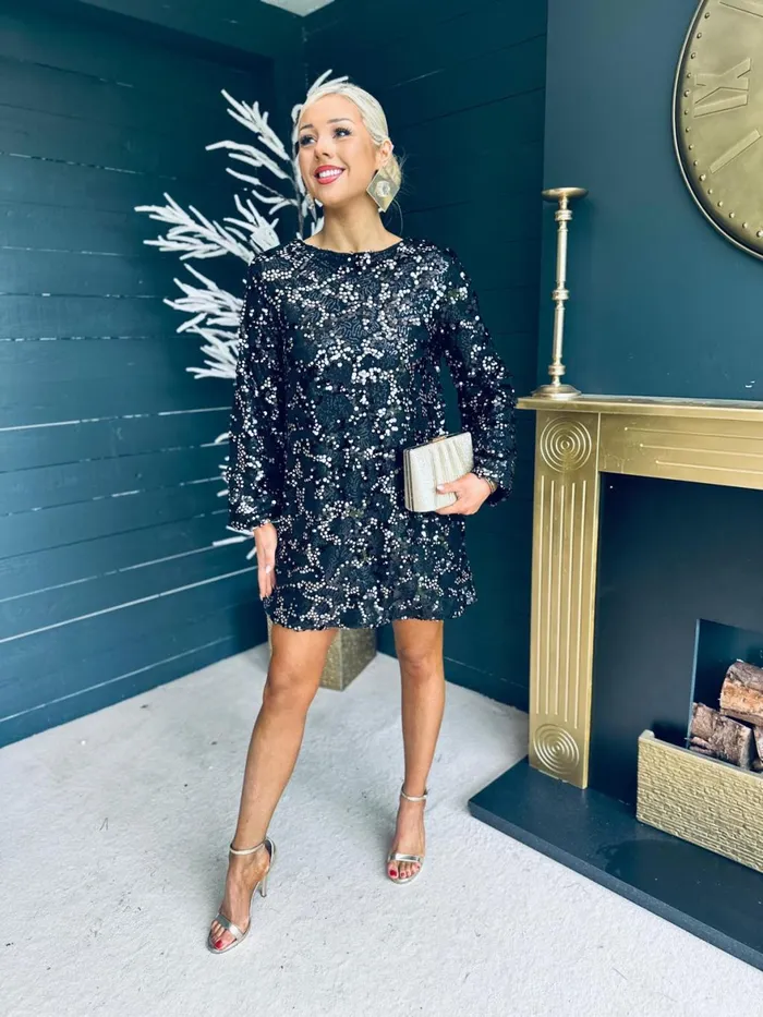Women Day Dress Canella Lane Mila Bow Detail Sequin Mini Dress Black and Gold